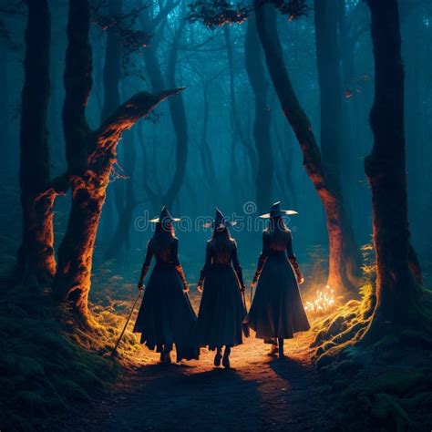 Three Witches Walking Through The Forest Stock Illustration