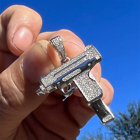 925 Sterling Silver Uzi Gun Pendant Flooded Out Moissanite Iced Charm
