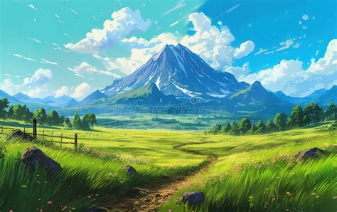 Beautiful Wide Ghibli Landscape Background with High Mountain Stock Illustration - Illustration ...