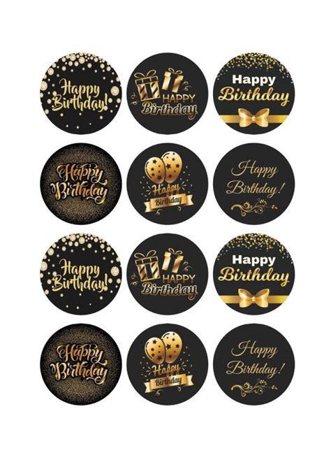 Black And Gold Happy Birthday Cupcake Toppers Labels Tags Etsy