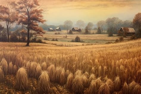 Premium AI Image | A painting of a field of wheat with a house in the ...