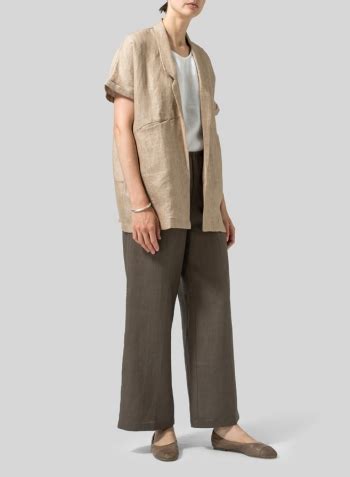 Twill Weave Linen Oversized Short Sleeve Jacket Set Plus Size