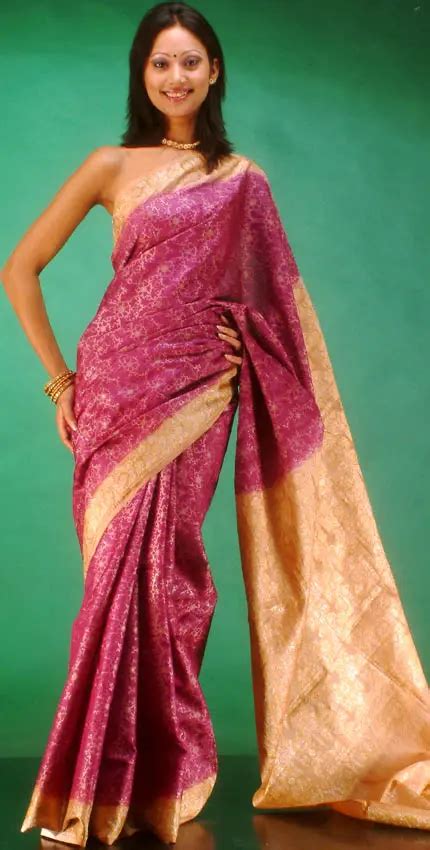 Purple Banarasi Sari With All Over Thread Work Exotic India Art