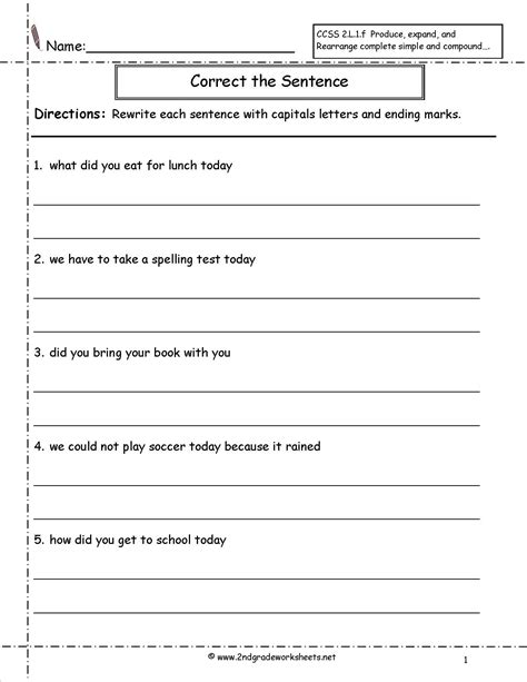 Sentence Correction Worksheet 1st Grade