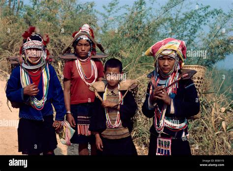 Group from the Aka Akha Hill Tribe in traditional dress Chiang Rai ...