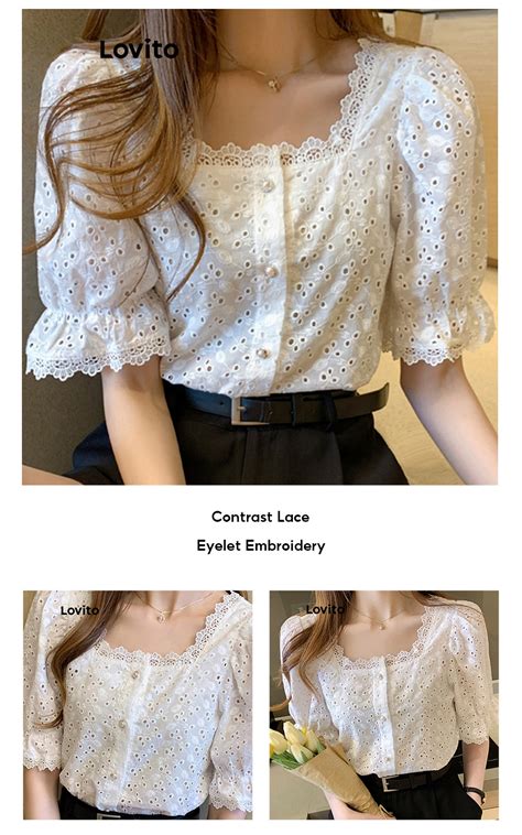 Lovito Casual Plain Eyelet Embroidery Pearl Buckle Contrast Lace