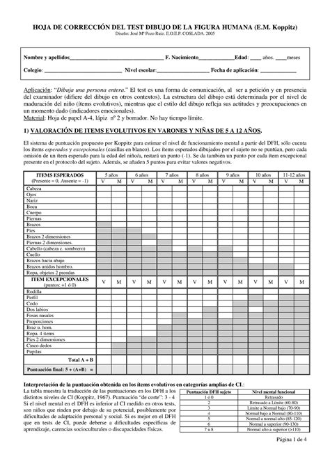Test De La Figura Humana De Koppitzpdf Hoja De Correcci N Del Test