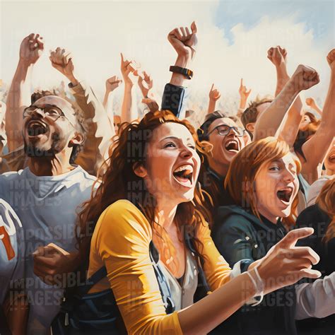 People in a crowd cheering - Impossible Images - Unique stock images for commercial use.