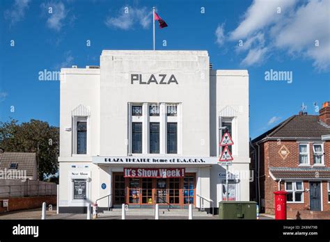 Plaza Theatre in Romsey, Hampshire, England, UK. Exterior view of the white facade of the ...