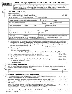 Fillable Online Group Term Life Application For 10 Or 20 Year Level