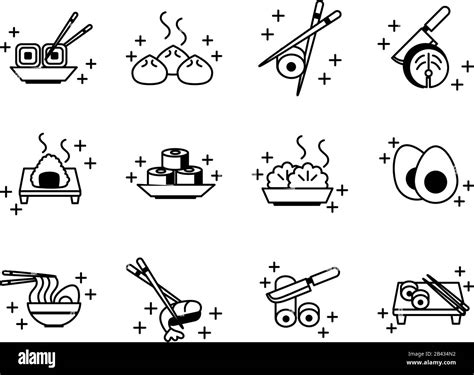 Sushi Oriental Menu Icons Set Vector Illustration Line Style Icon Stock