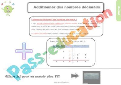 Additionner des nombres décimaux au Cm1 Leçon trace écrite PDF