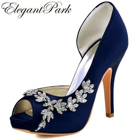 Women High Heel Pumps Prom Party Dress Navy Blue Platform Crystal Satin Ladies Bride Bridal