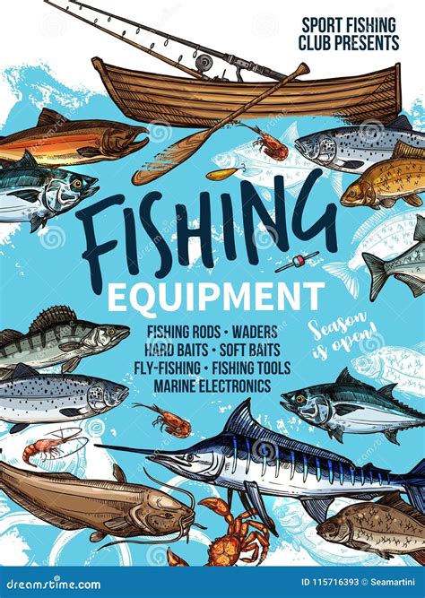 Fishing Equipment Banner With Fish Rod And Boat Stock Vector