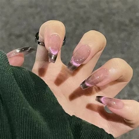 Handmade Black Pink Cat Eye Ombre Press On Nails Ombre Nails Pink Nails