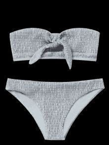 Knotted Smocked Bandeau Bikini Set In Gray M Zaful