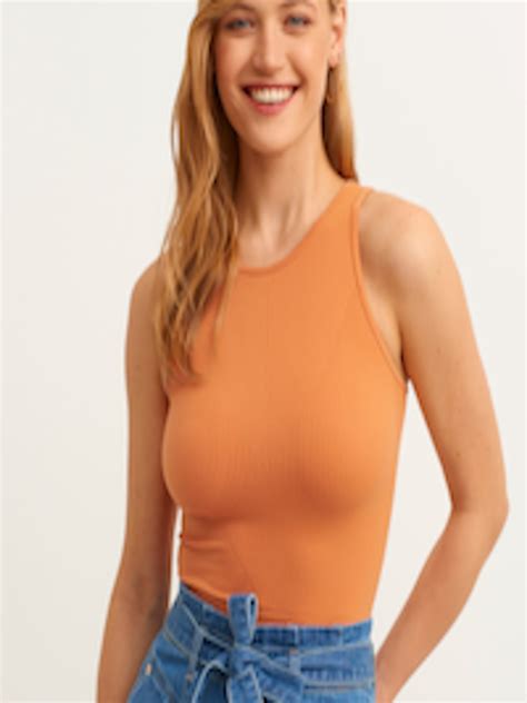 Buy Oxxo Women Rust Orange Solid Ribbed Cropped Fitted Top Tops For Women 17893556 Myntra