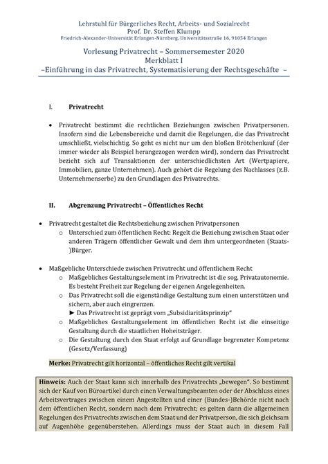 Merkblatt I Einführung Systematisierung Lehrstuhl für Bürgerliches