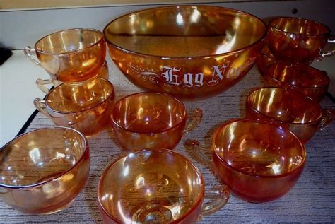 Vintage Hazel Atlas Marigold Carnival Glass Egg Nog Set 1 Punch Bowl 11 Cups 1732091905