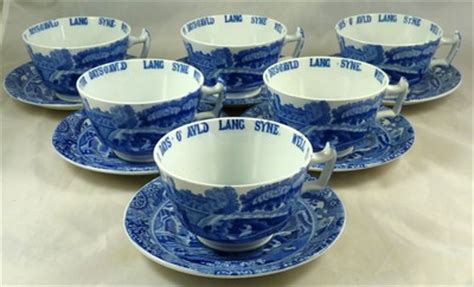 Copeland Spode S Italian Auld Lang Syne Blue White Teacups Saucers