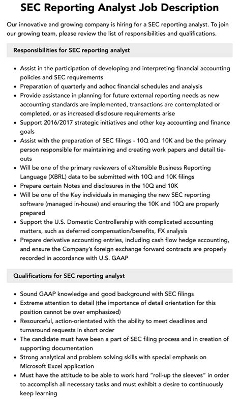 Sec Reporting Analyst Job Description Velvet Jobs