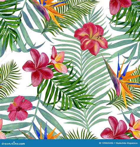 Handmade Watercolour Painting Floral Tropical Seamless Pattern For