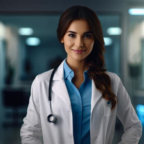 A Happy Female Doctor Wear Blue Uniform White Medical Coat Stethoscope