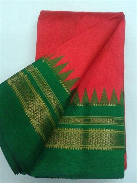 Stunning Tomato Red Ilkal Silk Saree With Traditional Green Border