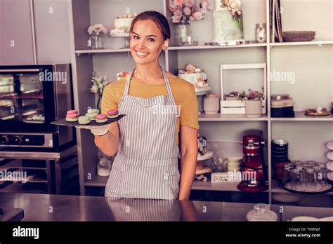 Positive Delighted Brunette Girl Posing On Camera Stock Photo Alamy