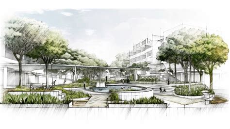 Architect S Concept Sketch Drawing of a Public Park within the Urban ...