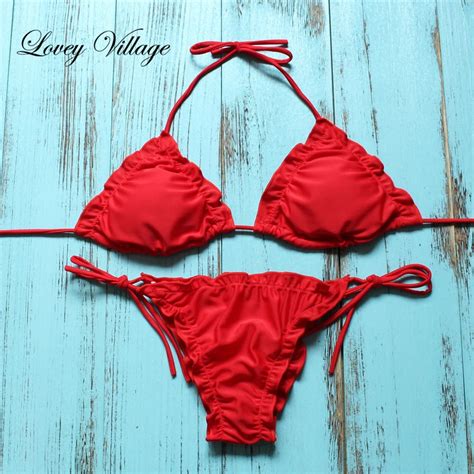 Lovey Village Brazilian Bikini Red Swimwear Swimsuit Women Leaf