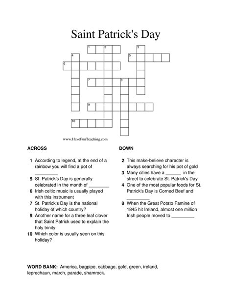 St Patrick S Day Crossword Puzzle Worksheet By Teach Simple