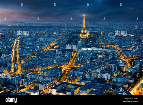 View of the Eiffel tower at night from Tour Montparnasse, Paris Stock ...