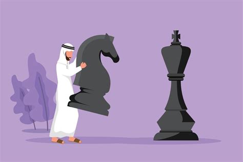 Cartoon flat drawing Arab businessman holding knight chess piece to ...