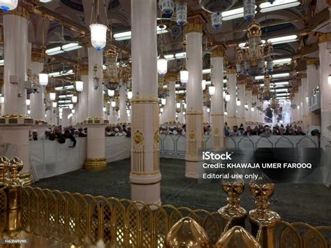 Beautiful Night View Of Rawdah In Masjid Al Nabawi Madinah Stock Photo