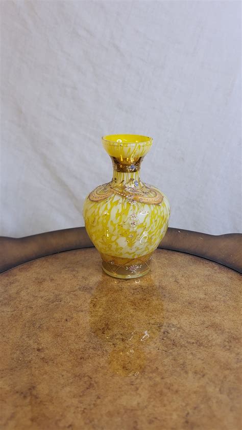 Vintage Yellow Glass Vase With Floral And Gold Design Etsy