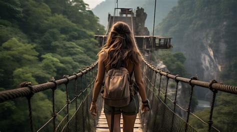 Premium Photo Araffe Woman Walking Across A Suspension Bridge In A