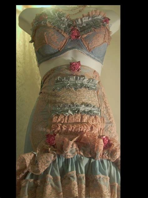 Exclusive Pale Powder Blue And Ecru Ruffled Lace Open Bottom Gartered Girdle Bra Set Burlesque