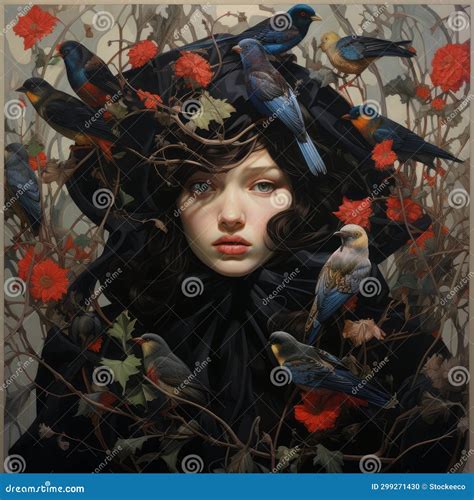 Woman Surrounded By Birds Darkly Detailed Portrait With Rich Color