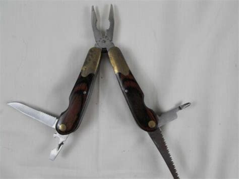 Vintage Husky Multi Tool Folding Pliers Knife Screwdrivers Wood