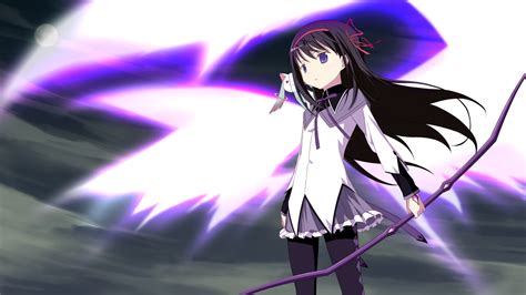 Akemi Homura Black Hair Blush Bow Weapon Kyuubee Long Hair Mahou Shoujo Madoka Magica Moon