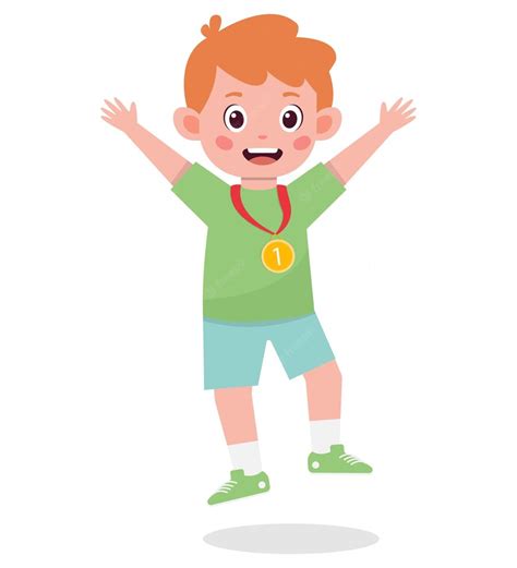 Premium Vector Happy Cute Kid Boy Holding Gold Medal Cartoon Illustration