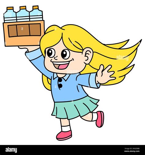 A Cute Cartoon Blonde Girl Holding Some Bottles Isolated On A White