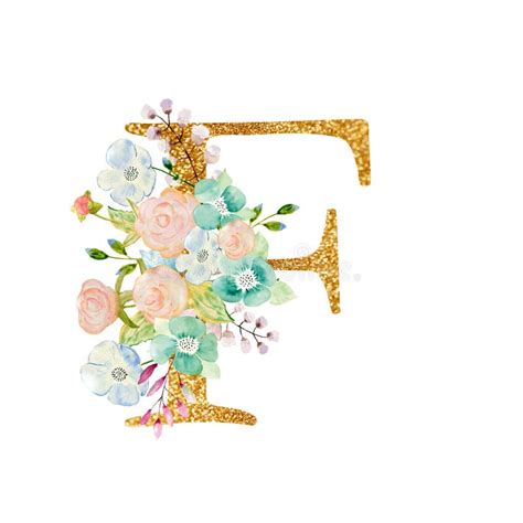 Watercolor Floral Bouquet And Alphabet Gold Letter R With Flowers