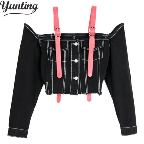 2019 Women Sexy Off Shoulder Slash Neck Denim Jacket Spring Femnino Straps High Waist Jean Coat