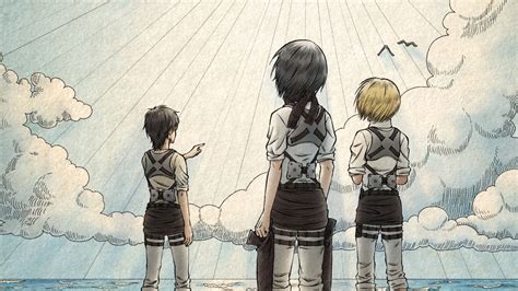 Attack On Titan Back View Armin Arlert Eren Yeager Mikasa Ackerman