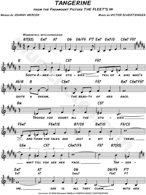 Tangerine From The Fleets In Sheet Music Leadsheet In D Major