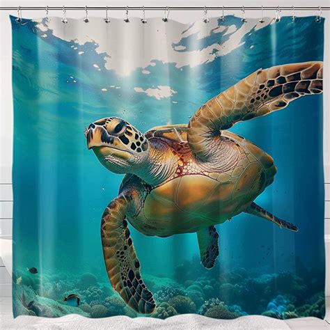 Sea Turtle Underwater Scene Shower Curtain Set Deep Turquoise Waters