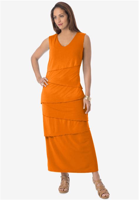 Tiered Stretch Knit Maxi Dress Ultra Orange Ellos