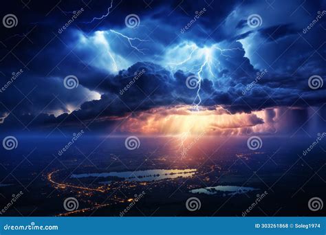 Dramatic Stormy Sky With Lightning And Dark Cumulus Clouds Aerial View